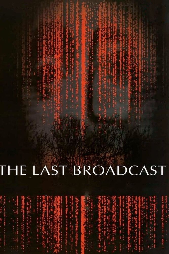The poster for The Last Broadcast which features a red and black sketchy vertical lines with a black forest in the middle.