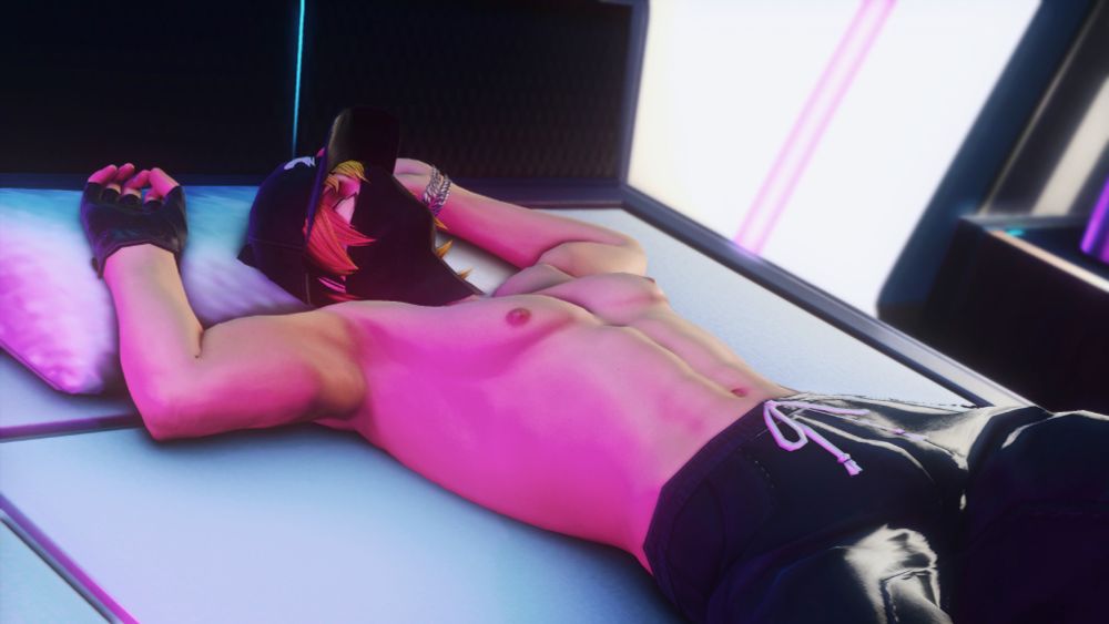 Masked Catboy sleeping on a bed without a shirt and neon lighting in the room