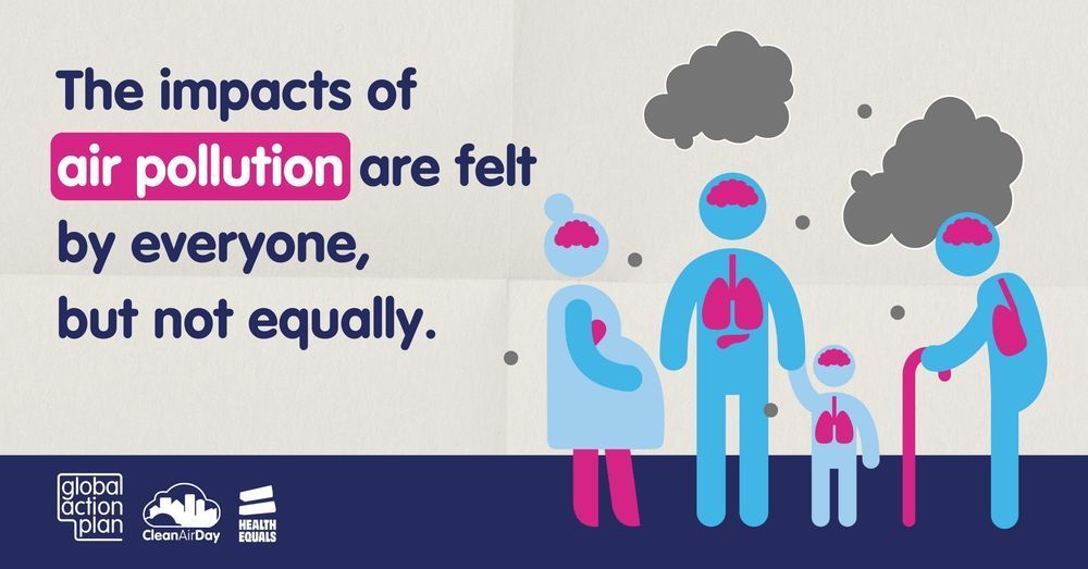 [Illustrated graphic showing a pregnant woman, a man, a child and an elderly person surrounded in clouds representing air pollution with vital organs like heart brain and lungs highlighted. The caption reads: "The impacts of air pollution are felt by everyone, but not equally."]