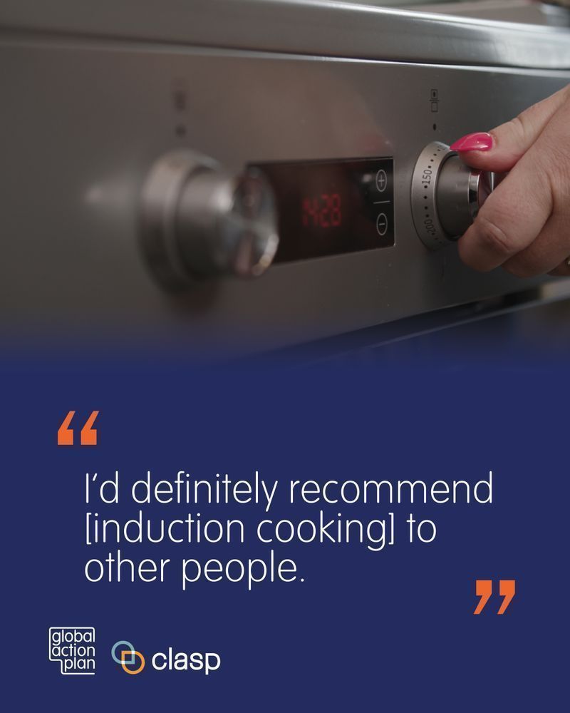 Image of a person operating an induction hob. Image caption reads: “I’d definitely recommend [induction cooking] to other people.” 