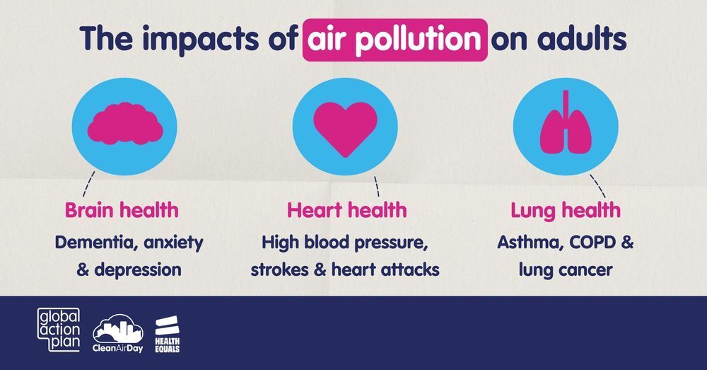 Graphic shows an illustration of the brain, heart and lungs. Each has a caption with linked adverse affects air pollution can cause. Heart Health: Dementia, anxiety and depression. heart health: High blood pressure, strokes and heart attacks. Lung Health: Asthma, COPD and lung cancer.