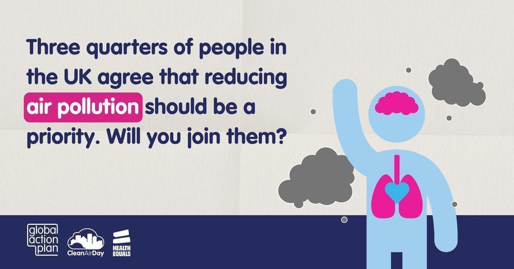 Graphic of illustrated man holding arm in the air. Organs like heart, lungs and brain are highlighted. He is surrounded by clouds to represent air pollution. The caption on graphic reads: Three quarters of people in the UK agree that reducing air pollution should be a priority, Will you join them?