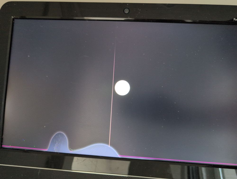 Pavilion 20b034 with a cracked screen causing missing chunks at the bottom of the screen and lines of dead pixels along the bottom of the screen and up through the middle. It is trying to show the linux mint logo, but can only muster a white circle on the middle.