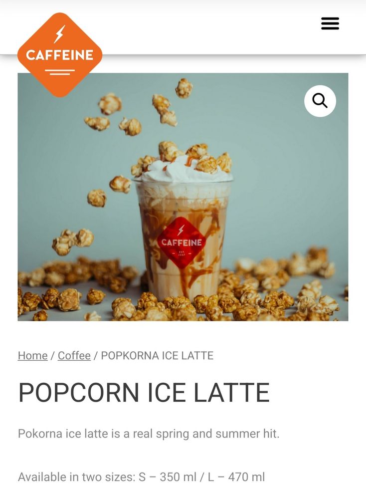 Popcorn Ice Latte from the Caffeine coffee shop in Riga. It is an iced latte with whipped cream, and caramel popcorn
