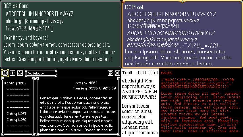 A showcase of several different pixel fonts displayed in different styles and contexts: A sans-serif "DCPixel" with condensed and italic variants, miniature fonts "Moonlight" and "Moonbeam" (name not displayed in image), a stylized serif font "Troll," and a terminal-inspired font "Paxel."