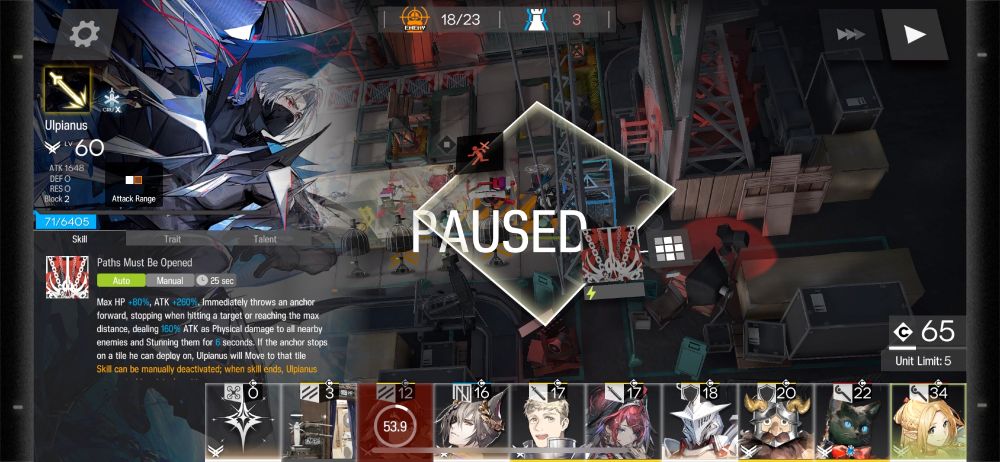 a screenshot of the mobile tower defense game Arknights, featuring the operator named Ulpianus at distressingly low health levels. perhaps as a result of this, the game immediately crashed after taking this screenshot. I wasted 1 sanity taking this screenshot.