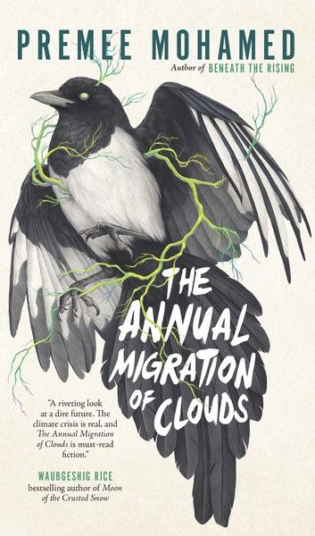 Cover art for Premee Mohamed’s “The Annual Migration of Clouds”. A black and white bird—possibly a magpie?—has its wings partially spread, on a warm cream background.