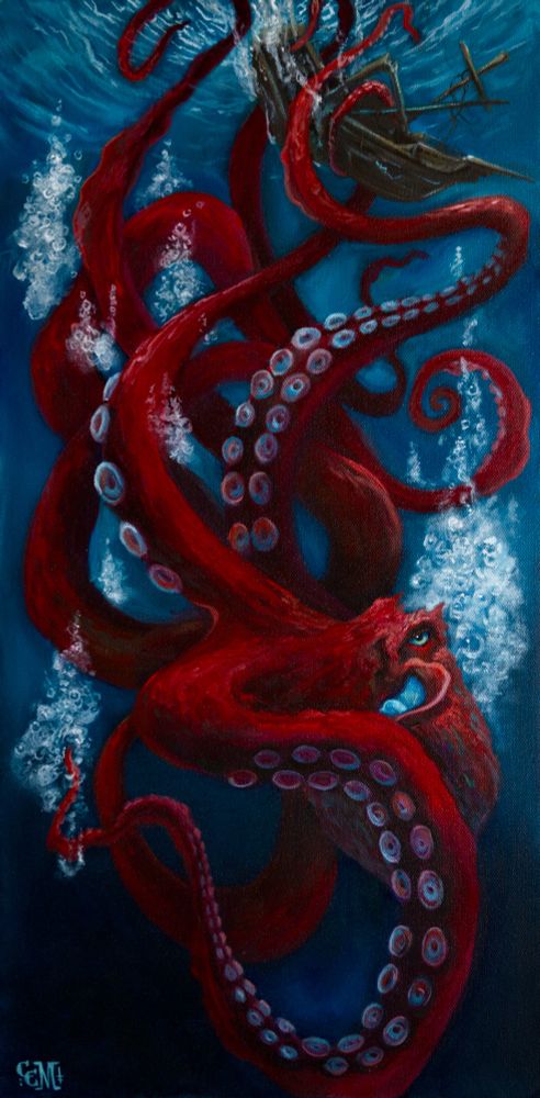 Painting of a giant red octopus pulling a wooden ship down into the ocean depths