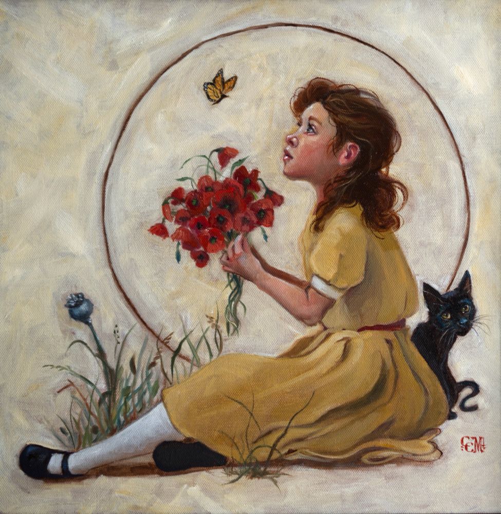 Painting of a girl in yellow dress sitting on the ground looks at a butterfly. She holds a bouquet of red poppies and a black cat peeks around her back engaging the viewer 