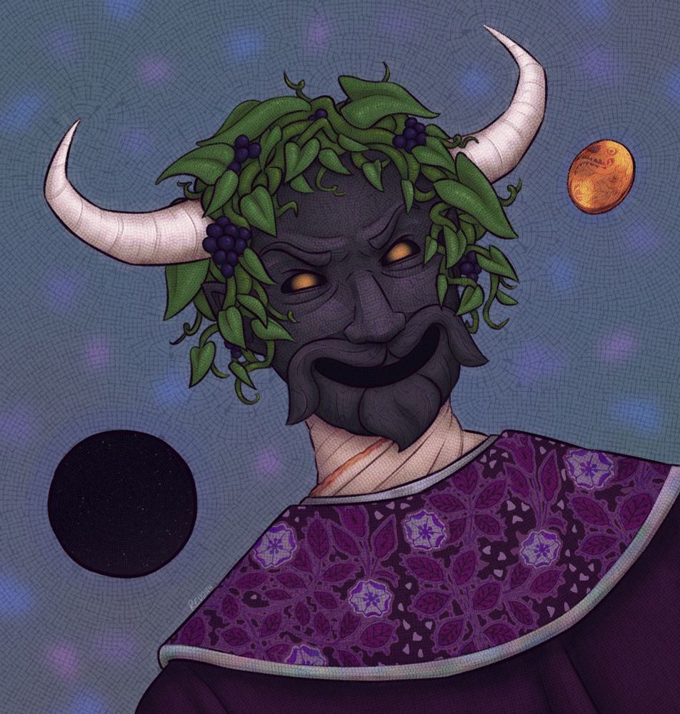 Art of a man in a grinning satyr mask, his head twisted backwards. A dark orb of starlight and a faction badge float nearby. A tesserae tile effect is present over the entire image. 