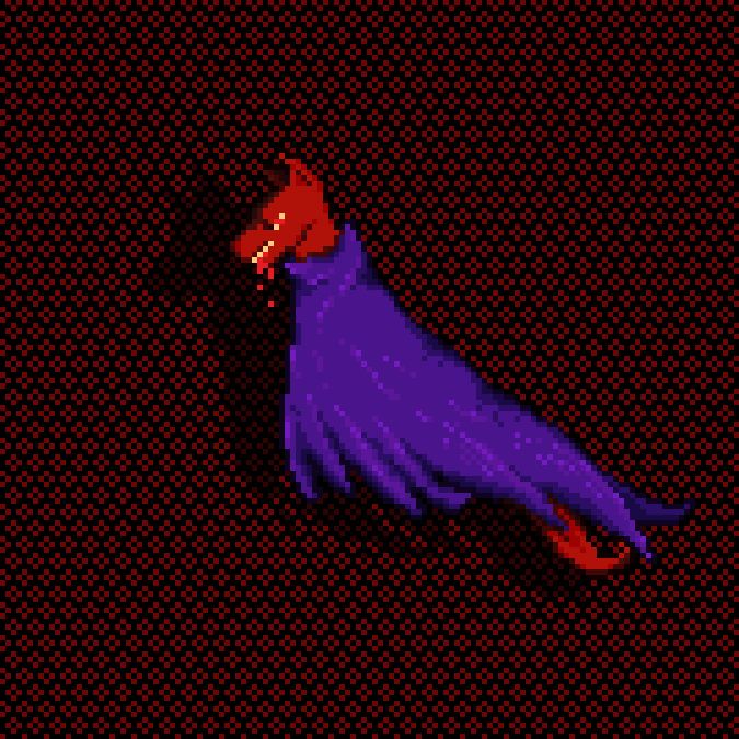 Pixel art of a red creature in a purple frayed cloak flying past a red and black patterned wall, it's shadow cast against the surface. The creature had its teeth bared, blood dripping from them, and its eye is glowing red. The cloak covers its body apart from the long red tail which flows out below. Happy Halloween!