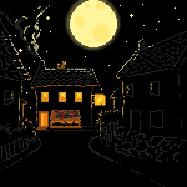 pixel art of an old village which has houses with tiled, sloping roofs and chimneys. On either side are two houses, with all windows and doors dark, stone walls and fences around them with shrubs and bushes. At the end of the road is a lit up house with smoke coming from the chimney, reflecting pale moonlight. The shop has all three upstairs windows lit up orange, the door is also lit up and there is a lower floor display window with a canopy coming out from it, and the window glows dull orange, with silhouettes of things in the window display. There is a lit up orange neon sign at the right hand side, showing a potion bottle. On the roof of the shop sits an orange cat which looks up at the full moon and stars above in the night sky.