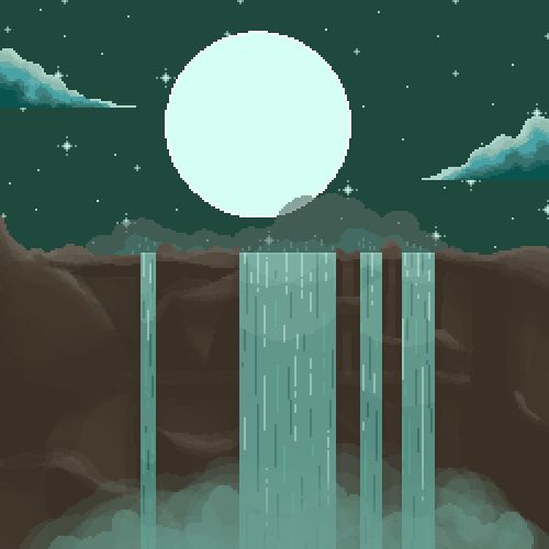 A moonlight sky with clouds over a cliff with a waterfall running over the edge.
