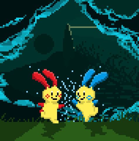 Pokemon pixel art of Pulsle and Minun, the positive and negative charged Pokemon, creating a magnetic storm by putting their charges together. Pulsle and Minun are rodent-like yellow creatures with blue or red ears/arms and tails, with a plus or minus symbol on their cheeks. They are stood, hands almost touching, creating electric sparks, and behind is a dark moon, and an electromagnetic storm, with lightning building in the clouds, waves crashing and a lighthouse shining its light out to sea.

I like to think they would be as powerful as solar radiation and could disrupt the magnetosphere if they chose to do so.