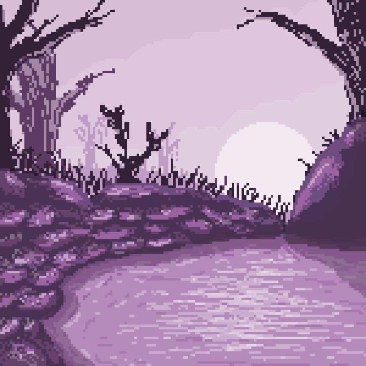 pixel art of a purple scene. There are trees without leaves all around a lot of smaller rocks in a stack around a pool of water and a larger rock on the right. There are lots of grass blades and plants behind the rocks too. The pale sun is rising, casting light on the water and shining off the wet surfaces of the rocks.