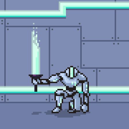 Pixel art of a robot humanoid in a crouching action pose, one fist to the floor, next to a knee resting on the floor, one foot up next to the knee, and the other arm stretched out holding a glowing greenish sword with plasma rising off it. The background has mechanical walls with plasma in tubes running across it.