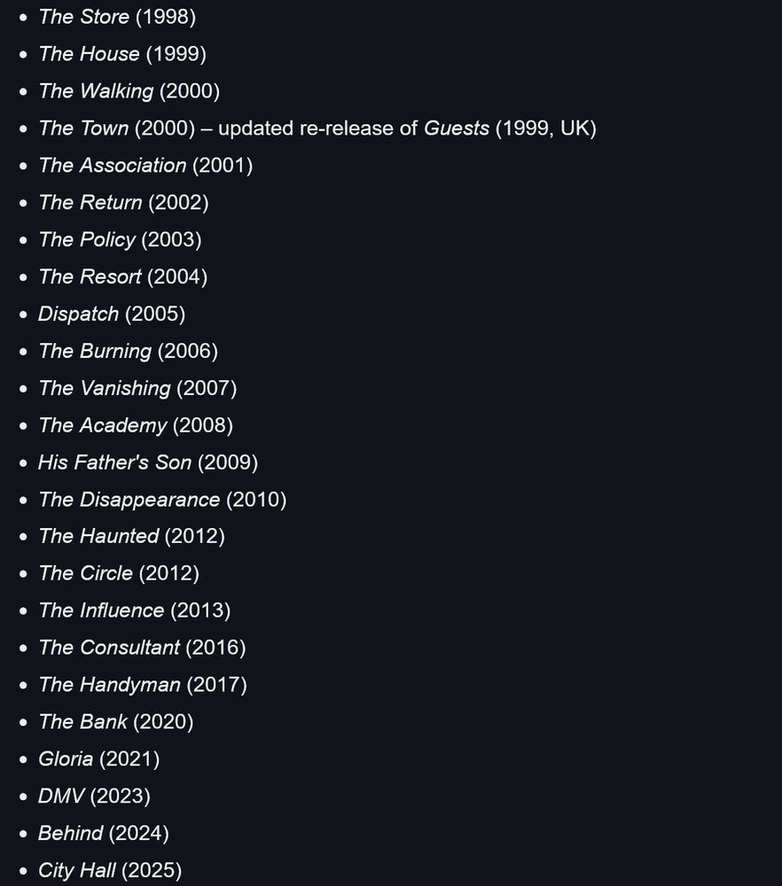 Screenshot of Bentley Little's bibliography, including titles like "The Academy," "DMV," and "City Hall"