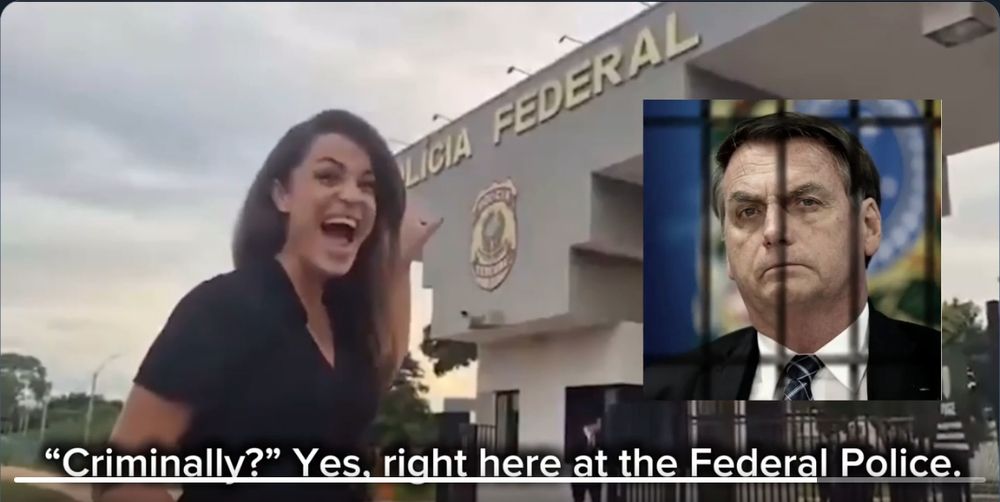 Still from the video linked above in the post I quoted where the reporter is standing outside the Federal Police building with the BIGGEST smile on her face along with the image of the man she interviewed previously who made misogynist, mocking comments toward her superimposed with jail bars.