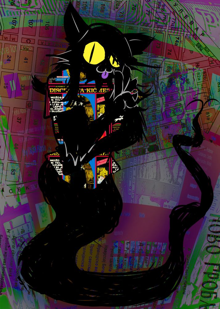 as far as you're concerned, this is what i look like. a silly long-haired black voidcat with a ghost tail for legs that i like to wiggle. the gesture i'm doing is the non-binary salute, which is something i made up and is based on a symbol that some nb people use to represent themselves, which is like a circle with a three-pronged cross sticking out of the top of it.