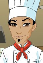 A handsome looking man in a full chef's outfit, complete with tall white hat, red bandanna, and soul patch