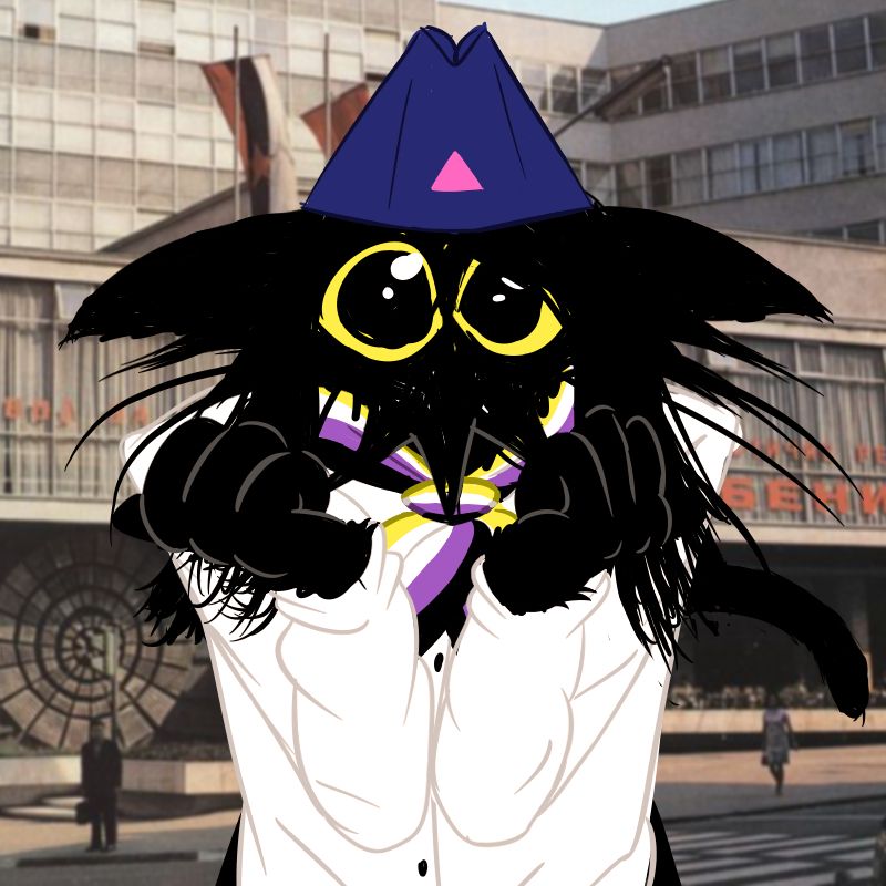 An abstract anthropomorphic cat creature, whose body is mostly composed of black brush strokes, wearing an outfit based largely on the one worn by the so-called Union of Pioneers of Yugoslavia. The red star on the blue cap is replaced by a pink triangle, and what would be a red bandana around their neck is now in the colours of the non-binary flag. The creature is standing in front of the Youth Center of Belgrade (Dom omladine) and making a pose meant to depict being overcome with joy and/or cuteness. They're holding their arms close together so that the elbows and wrists are almost touching, and their yellow eyes each have two big white spots of light reflecting off of them.