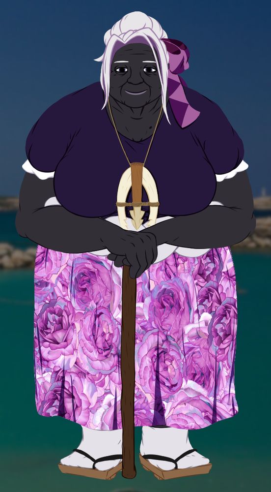 Kamaha Hoshinori, a stout old woman, stands peacefully with a slightly hunched back, an experienced smile, and holding a simple wooden cane. Besides having her hair tied in a bun with a purple triangle-patterned ribbon, she's also wearing a deep purple blouse, a pink flower-patterned skirt going down to her ankles, a geta-and-tabi combo on her feet, a big braided rope around her waist, and last but not least, her most valued spear tip that's helped with the best catches in her glory days of fishing, now kept as a memento, a part of her necklace.