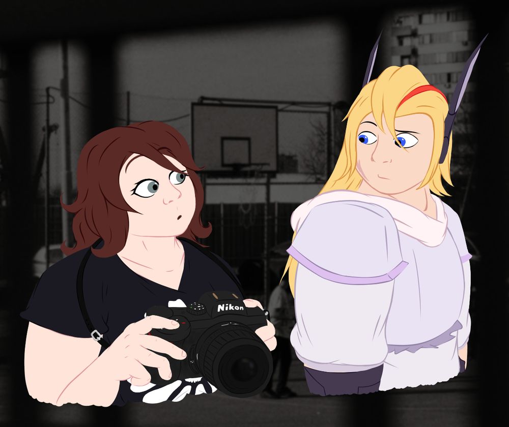 Abby Watson, a white woman with brown medium-length wavy hair, is holding a camera and looking with great curiosity at Deegan Candidum, someone a little bit taller than her, a blue-eyed cyborg with a scar on their cheek, along with augmented arms & ear antennae. They're wearing a light lavender hoodie, and sporting long blonde hair with a streak of red right next to the bangs only partially getting in the way of their right eye. They're looking back at Abby in mild confusion at the misunderstanding currently taking place.