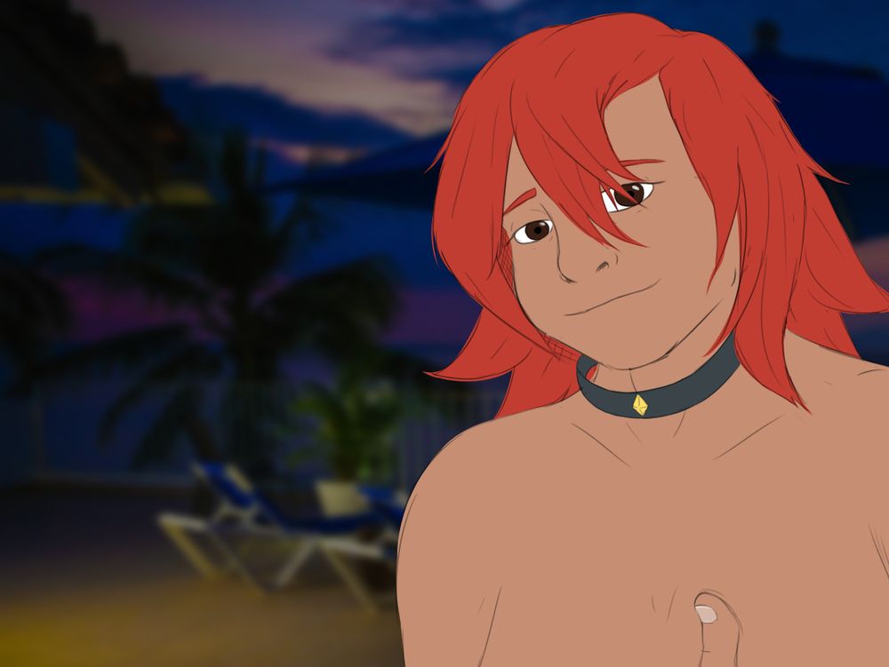 What's likely a selfie taken by a shirtless Latino person with red hair, brown eyes, and as far as the framing is concerned, only wearing a dark grey collar with a yellow rhomboid-shaped ornament on it. They're placing their hand on the breast where their heart is located, and tilting their head slightly with a very relaxed smile on their face as they look towards the camera. A spacious balcony by some sort of seaside resort right at dusk can be seen in the background.