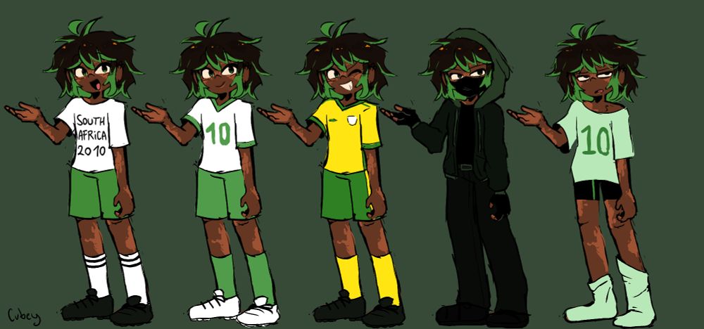 (from left to right)

Original, Speedster Twisters, South African national team, Public, Lazy