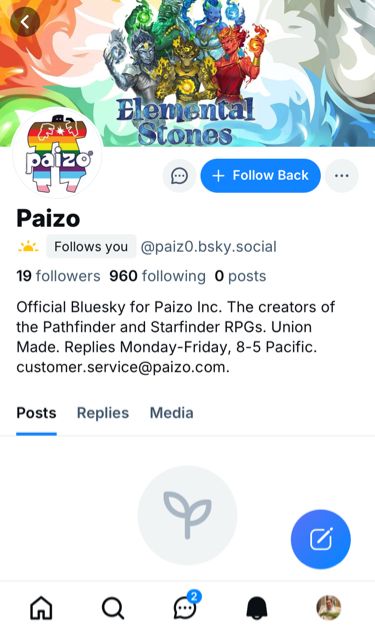 Screenshot of “@paiz0.bsky.social,” which is not Paizo’s official account.