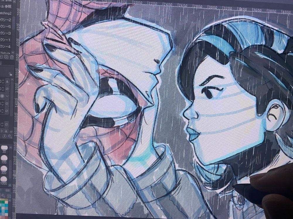 Friendly Neighborhood Spider-Man Peter and Nico movie kiss scene homage sketch