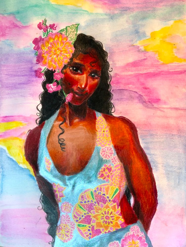 MY BELOVED BEAUTIFUL PERFECT WIFE IN A SPARKLY BLUE DRESS WISH COLORFUL FLOWER DESIGNS, A BIG FLOWER IN HIS HAIR, SHYLY STANDING IN FRONT OF THE SUNSET. HE HAS GORGEOUS CULRY LONG BLACK HAIR AND DARK SKIN AND BEAUTIFUL EYES