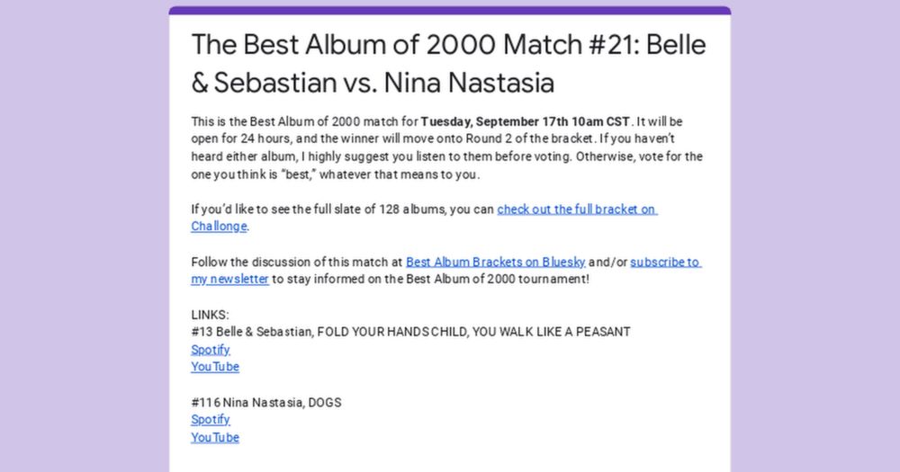 The Best Album of 2000 Match #21: Belle & Sebastian vs. Nina Nastasia