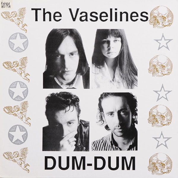 In the middle is a grid of four rectangles, each one with a headshot of a member of the band. They're all white guys except for a dark haired woman in the upper right. Along the left side, going down horizontally, are alternating pictures of a flying cherub and a star within a circle. Along the right side, going down horizontally, are alternating pictures of a half-skull and a simple star shape. 