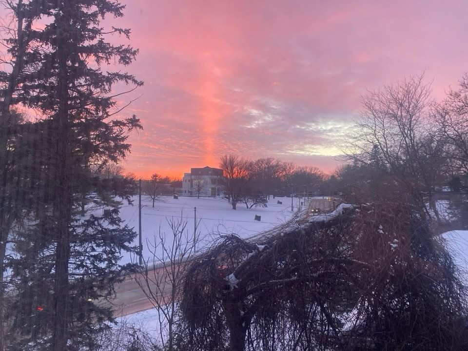 Photo of a pink sky behind a museum building 