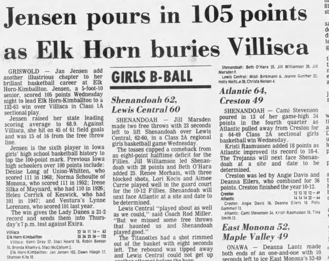 A headline that says Jensen pours in 105 points as Elk Horn buries Villisca 