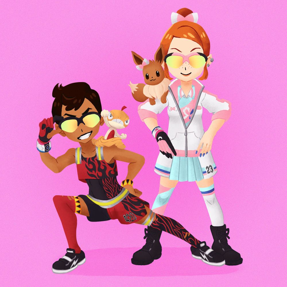 Based off their Pokémon AU, I drew the partners in crime (ft. @/jveekyart) as #pkmntrainers for @/boomerkwanger‘s birthday. #pokemon #trainersonas #scraggy #eevee #fanart