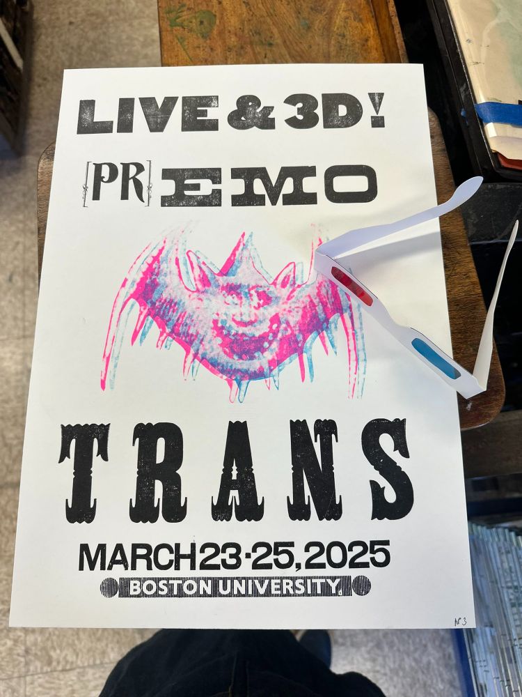 Poster reading: Live & 3D! (Pr)emo Trans March 23-25 Boston University. In the center is our mascot, Doof Bat