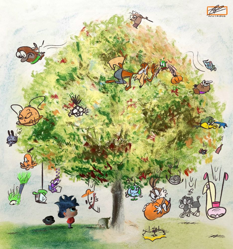 Carlos and his dogs, Bear and Balto, witness the miracle of Toonsville residents falling from a tree. A well-known Art Blockers indicator of the start of the Autumn season.

From left to right: Mr. Fuzzington; The Mayor; Del; Jars; Liney; Globi; Lucky; Jackie w/ a pumpkin; Mercury; Gloves; uh...her; Red Thingy; Pluto; Saturn; Screechella; Tipsy Duck; Dr. Needles; Squeamish; Termite Tara; Kaiot; Mikey Moose; Dangle Dog