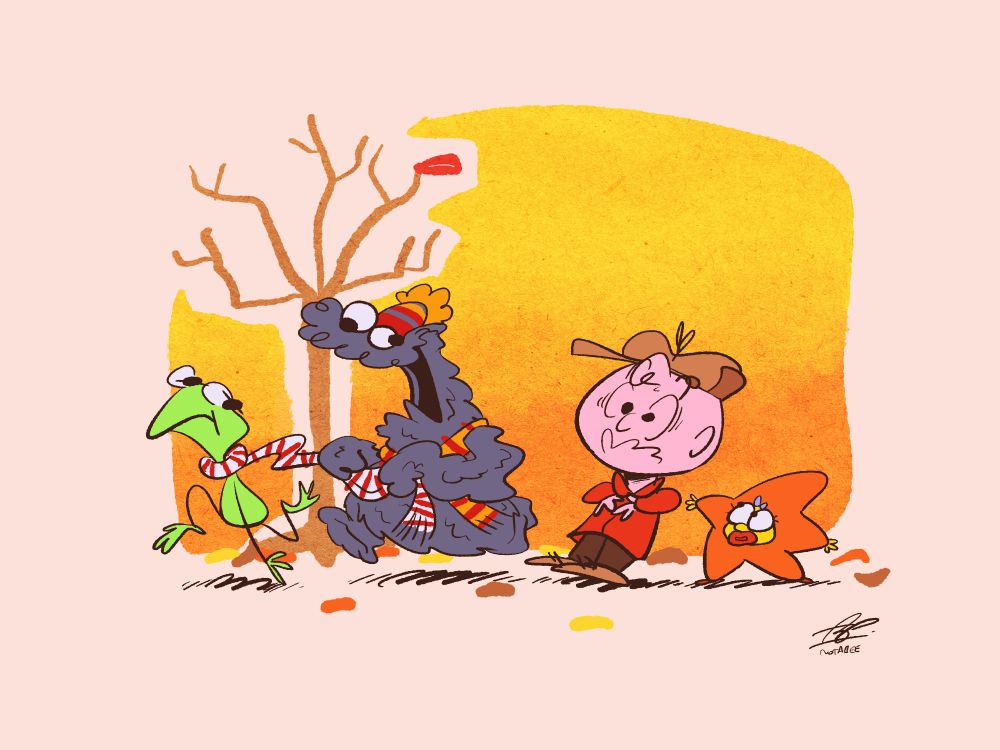 Kermit the Frog, Cookie Montser, Charlie Brown and Maggie Simpson all wearing their festive jackets and scarves and stuff in front of an autumn background