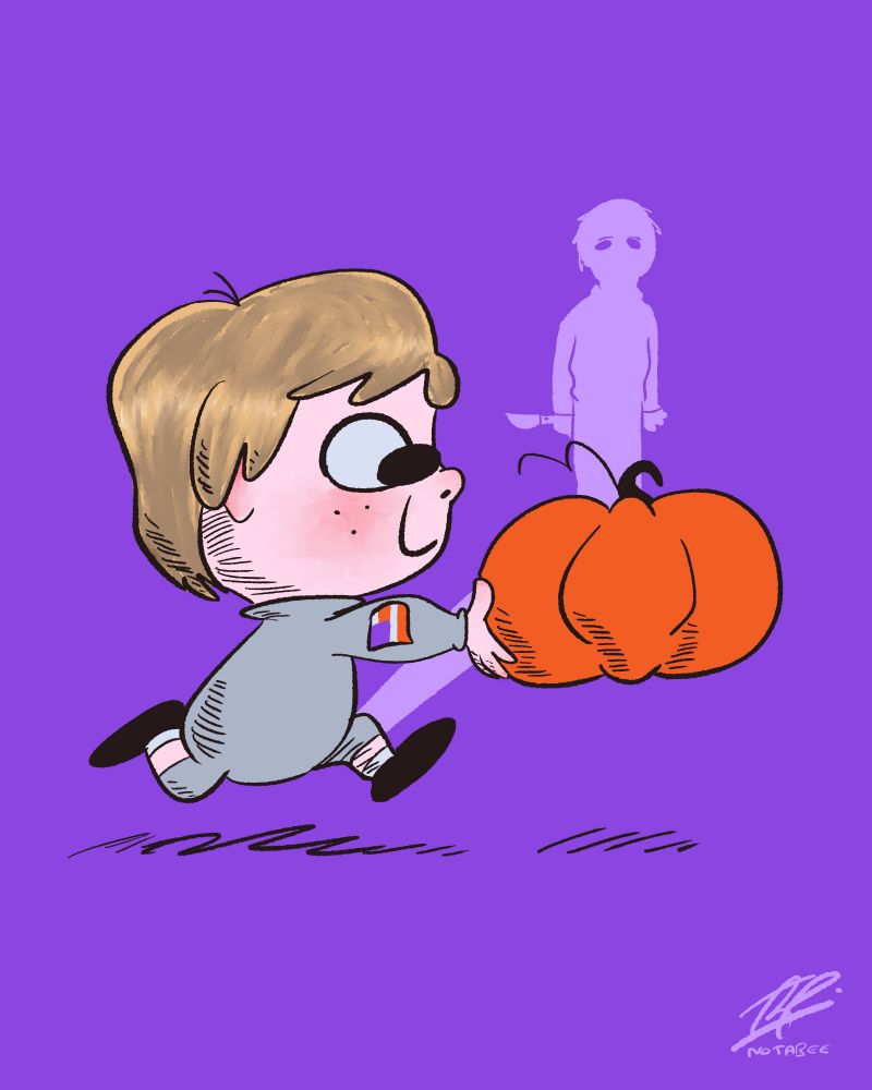 Tommy Doyle walking with a pumpkin at school somehow, all while a nice looking man watches over him keeping his white ass safe from bullies.