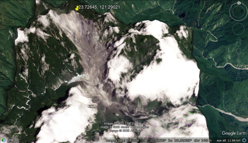 Planet Labs image, draped onto the Google Earth DEM, showing the site of the 21 July 2025 landslide in Wanrong township, Taiwan. Satellite image copyright Planet Labs, used with permission. Image dated 25 July 2025.