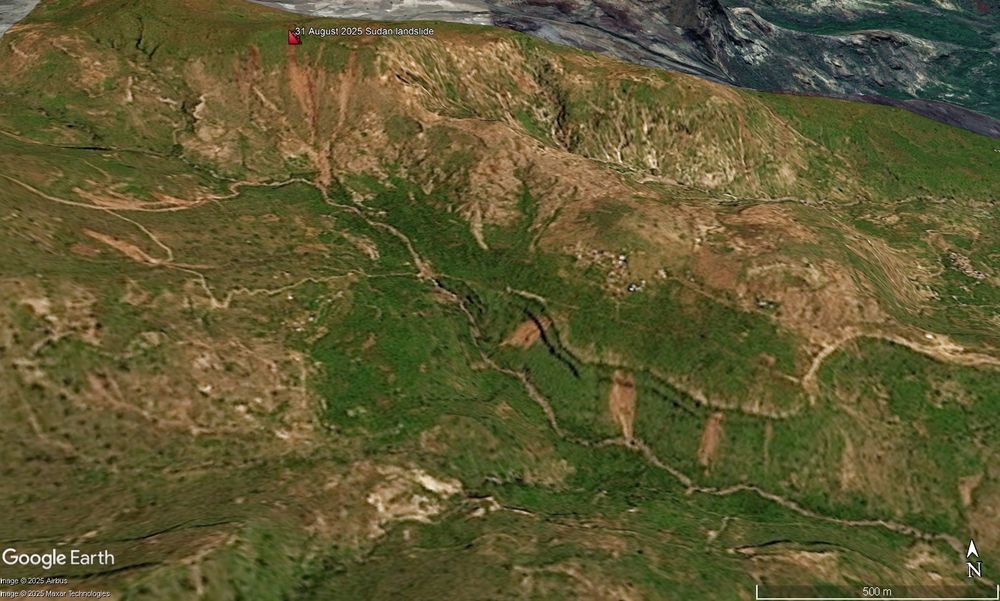Satellite image of the aftermath of the 31 August 2025 landslides in Sudan. Planet image draped onto the Google Earth DEM. Image copyright Planet, used with permission. Image dated 6 September 2025.