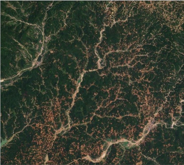 A part of the area of Zixing in Hunan Province after being impacted by the July 2024 rainstorm. Image copyright Planet, used with permission, collected on 5 August 2024. 
Thousands of new, shallow landslides can be seen across the whole of the area of the image.