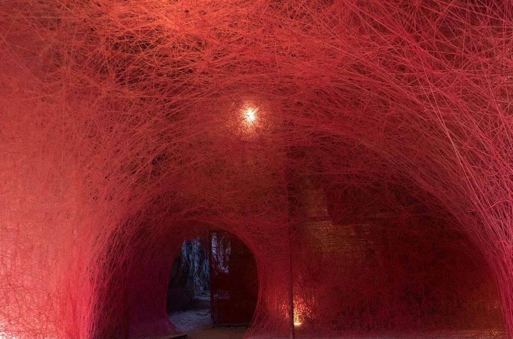 Tunnels made of dark red string