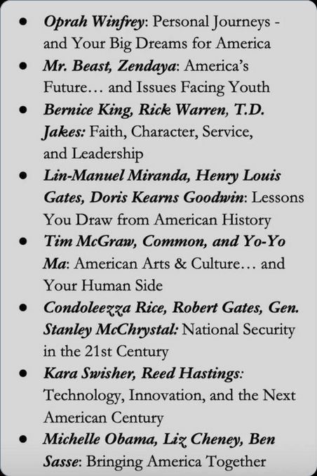 Oprah, Mr. Beast, Zendaya (WTF) Bernice King, Rick Warren and TD Jakes (WTFBBQ?), Lin-Manuel Miranda (dismissive wanking gesture) Henry Louis Gates, Doris Kearns Goodwin, Tim McGraw, Common, Yo-Yo Ma (What in Hell's name), Condy Rice, Robert Gates (literal Shrub Administration vets, LOL LMAO) General McChrystal, Kara Swisher and Reed Hastings, and Michelle Obama, Liz Cheney (LOL LMAO, bet), and Ben Sasse 