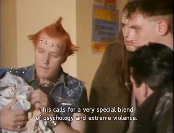 Vyvyen from The Young Ones saying "This calls for a very special blend of psychology and extreme violence."