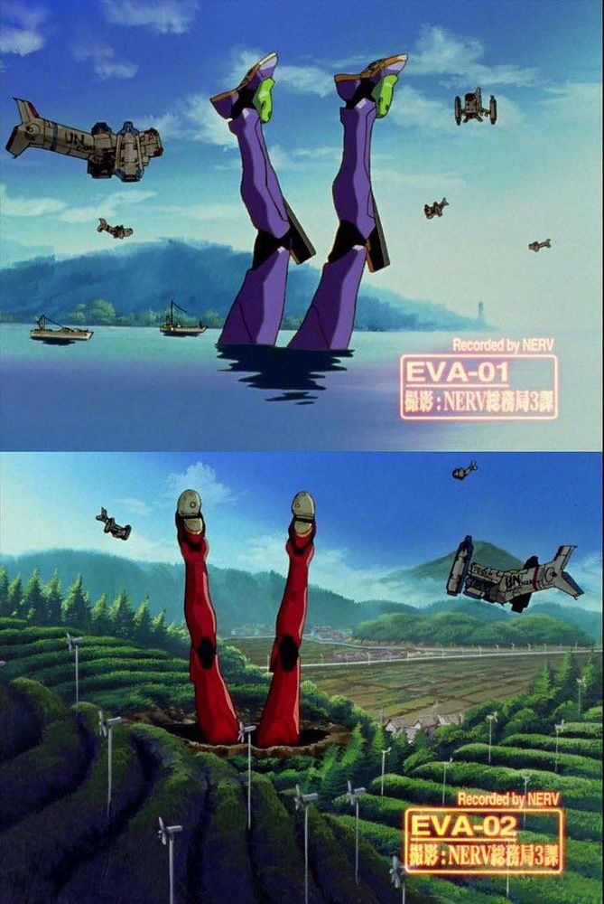 EVAs 01 and 02 having been knocked out by Israfel, Unit 01 is upside down in the water, and Unit 02 upside down in the ground.