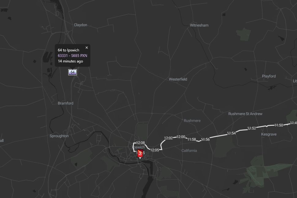 A route 64 bus to Ipswich very far away from where it should actually be...
