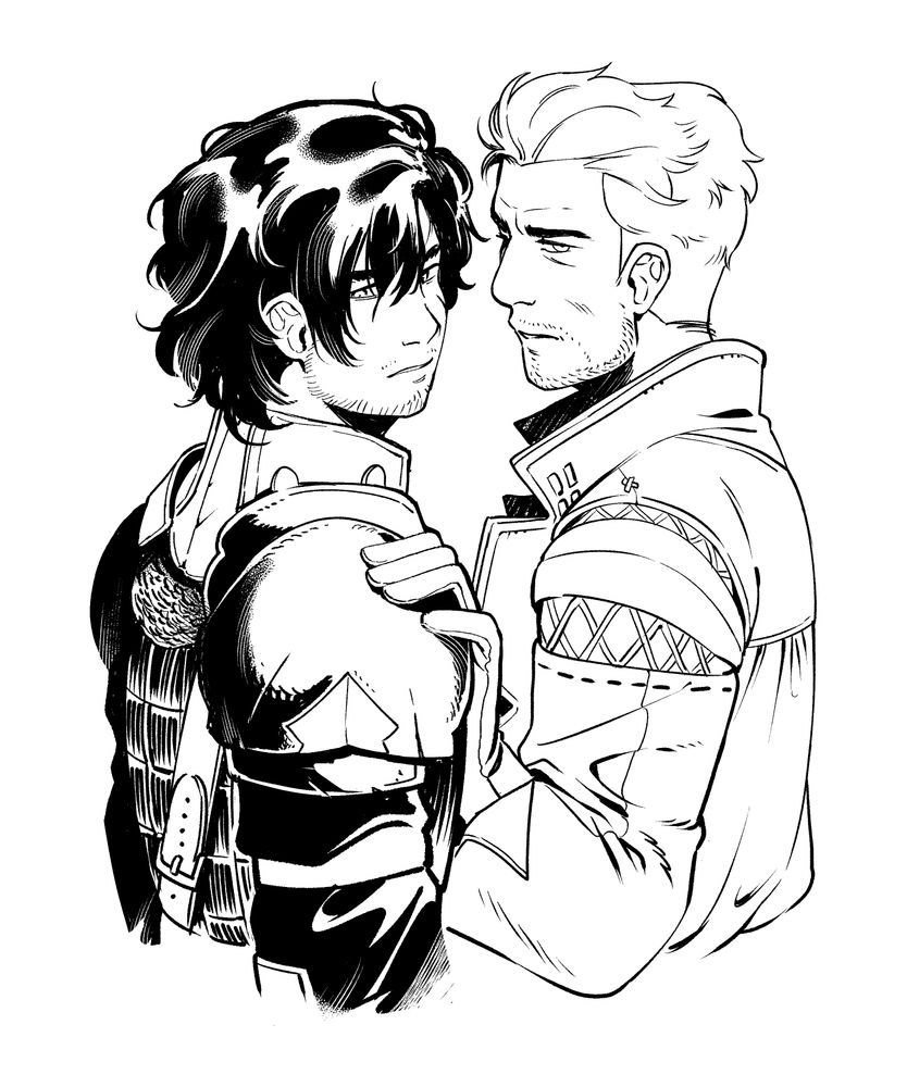 A black and white picture of final fantasy 16 characters, cid holding clive's shoulder, where their gazes do not meet.